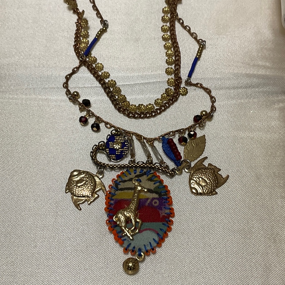 Ayalabar Gold-Tone Multicharm Necklace with Blue, Red and Orange Fabric Pendant
